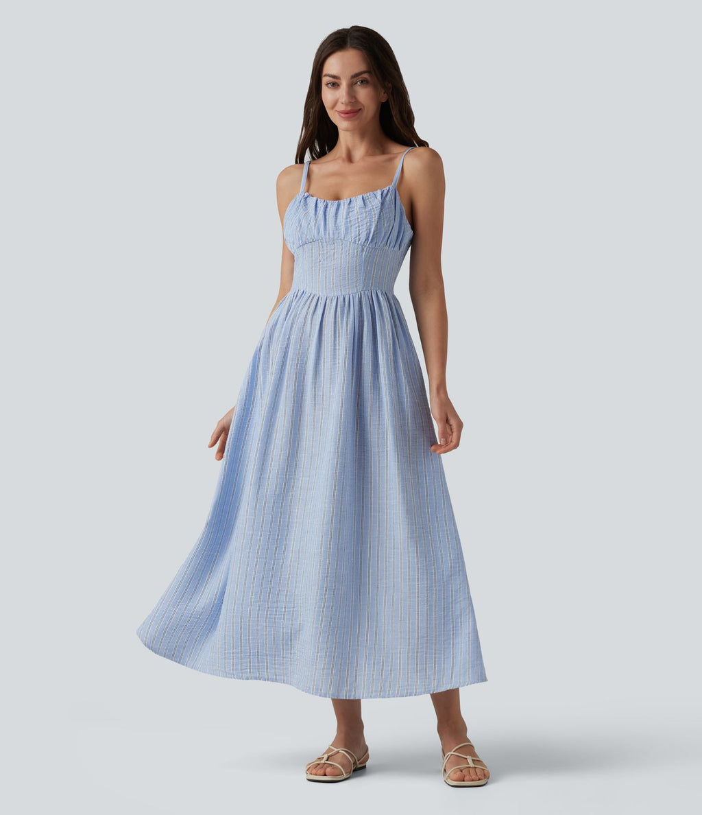 Robe nuisette midi fluide décontractée à rayures style corset lacé avec poches