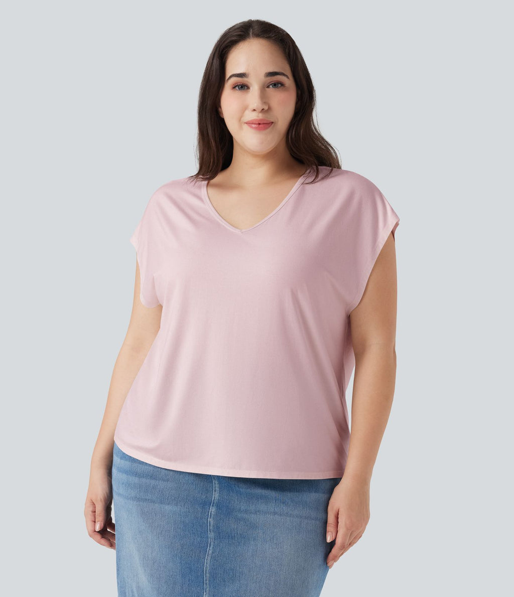 T-shirt décontracté grande taille col V manches courtes