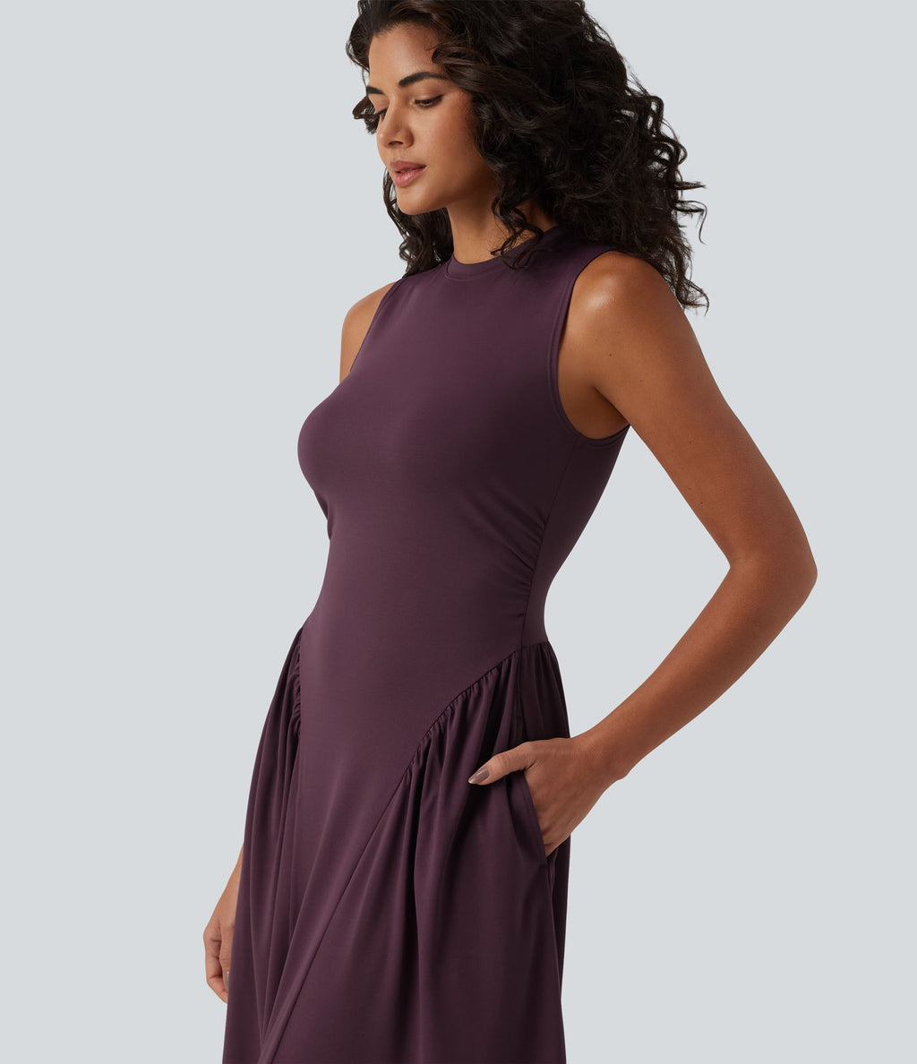 Robe midi casual fluide sans manches à col rond avec poches