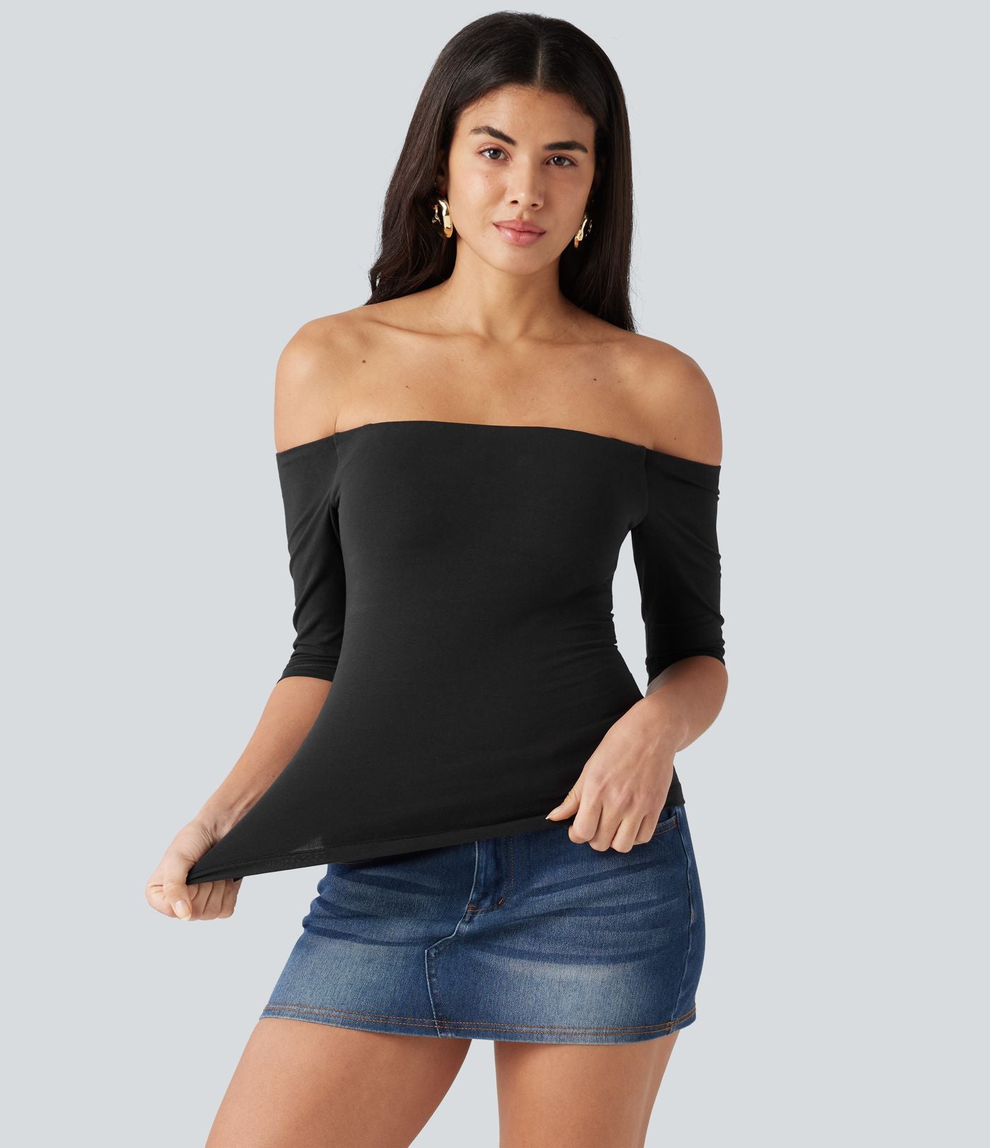 T-shirt décontracté Halara Cotton Jersey épaules dénudées à manches mi-longues, bretelles amovibles et coussinets amovibles, bonnets B à E