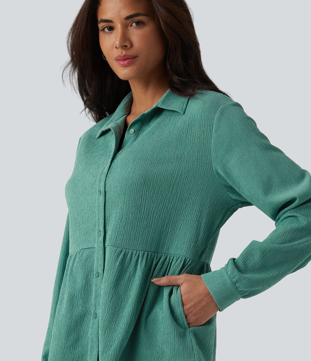 Chemise décontractée peplum à col manches longues avec ourlet à volants effet froissé et poches