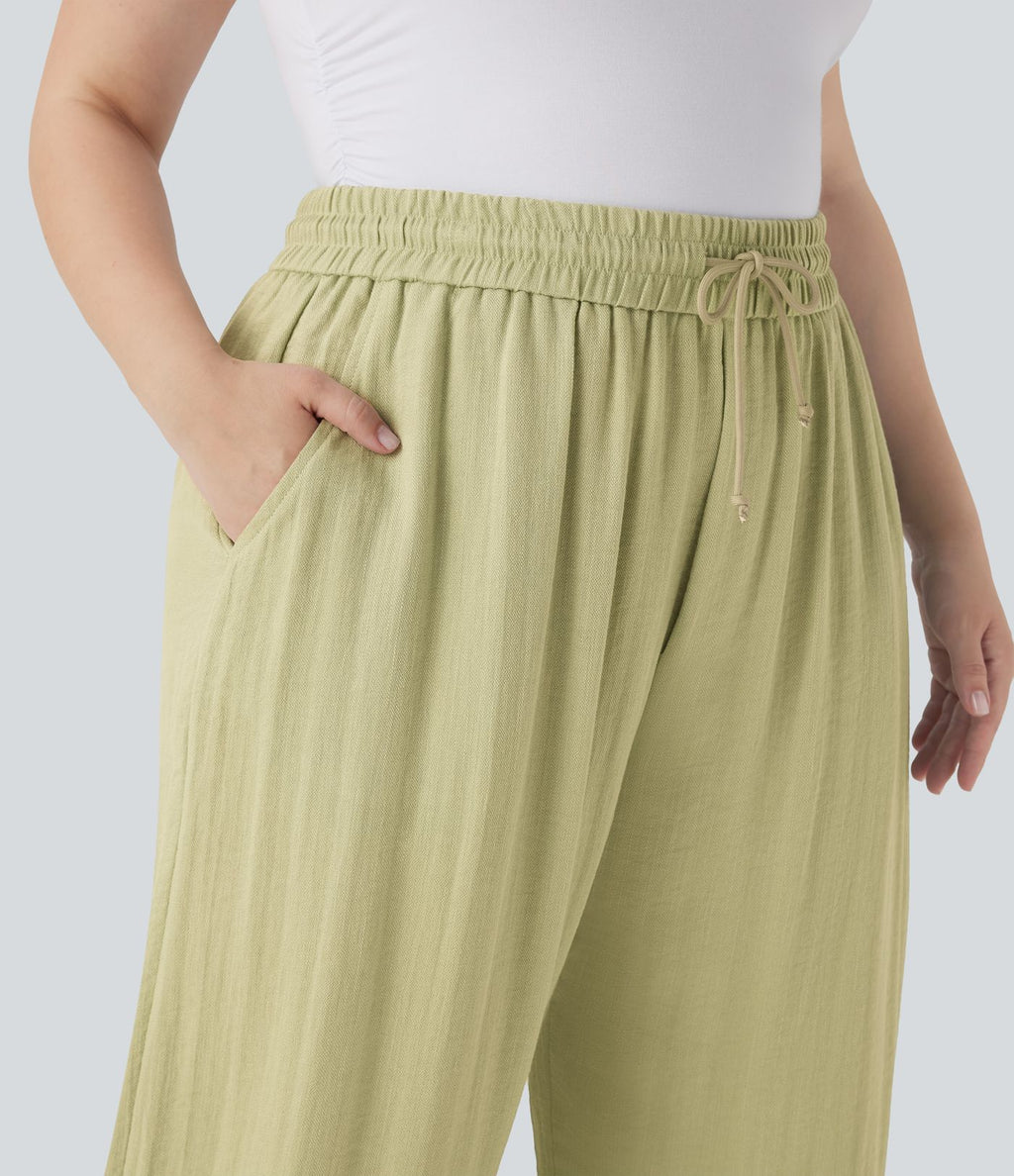 Pantalon décontracté grande taille large fluide taille haute effet lin avec cordon de serrage et poches