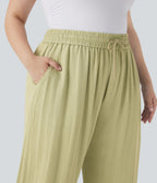 Pantalon décontracté grande taille large fluide taille haute effet lin avec cordon de serrage et poches