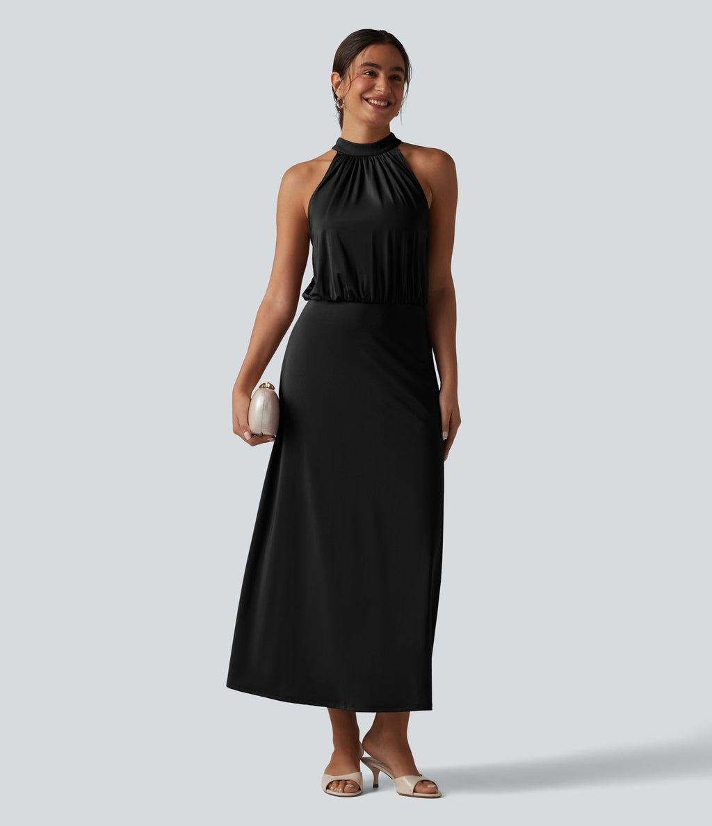 Robe midi col cheminée sans manches dos découpé extensible aspect satiné effet frais InstantCool