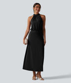 Robe midi col cheminée sans manches dos découpé extensible aspect satiné effet frais InstantCool