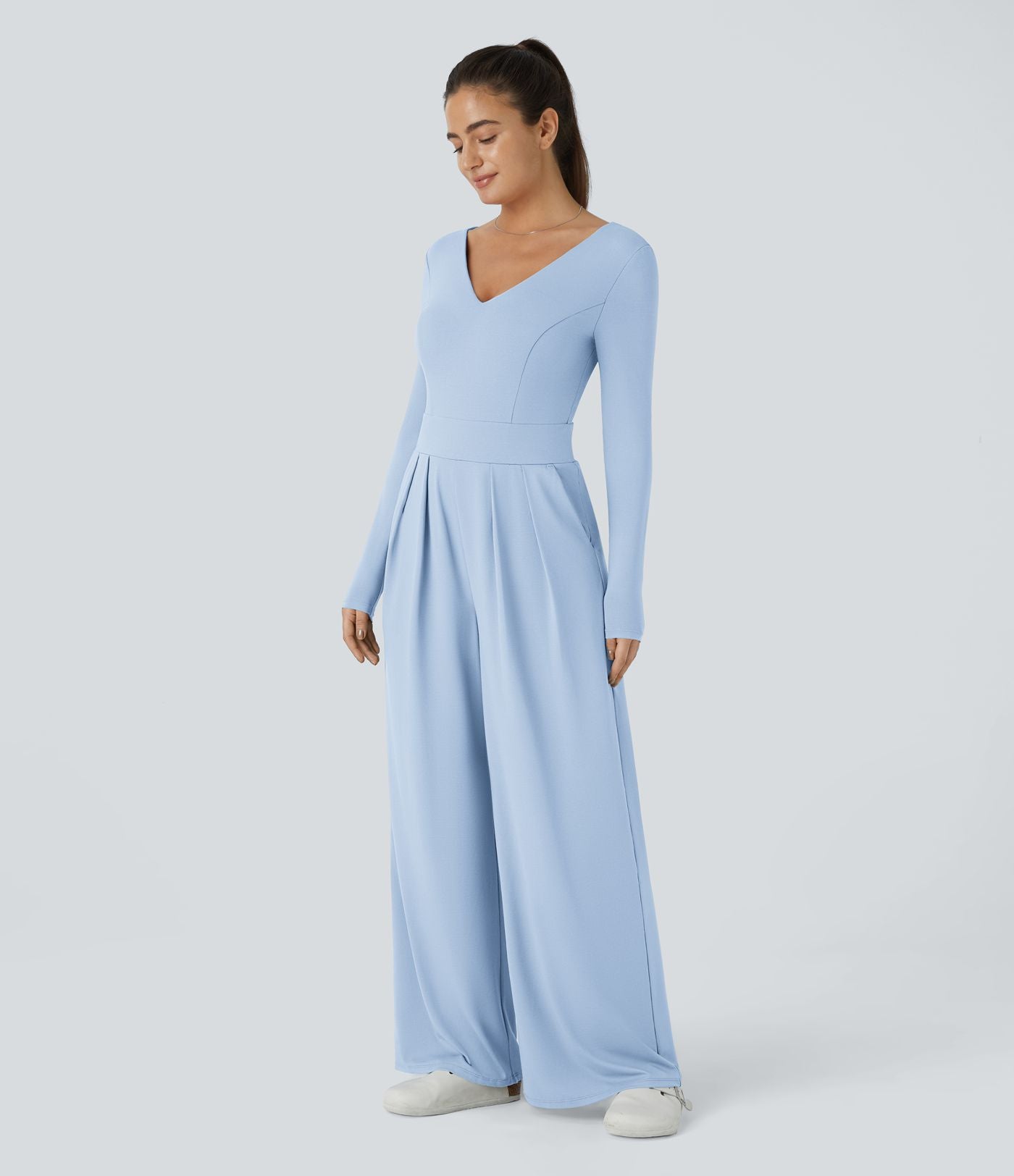 Combinaison Casual à Manches Longues Décolleté en V et Dos Nu Avec Poches Latérales Plissées et Jambes Larges