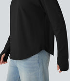 T-shirt décontracté en coton à col rond, manches longues raglan avec passants pouces et ourlet arrondi, coupe ample