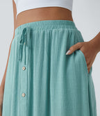 Jupe Midi Fluide Taille Haute Cordon de Serrage Boutonnés Poches Latérales