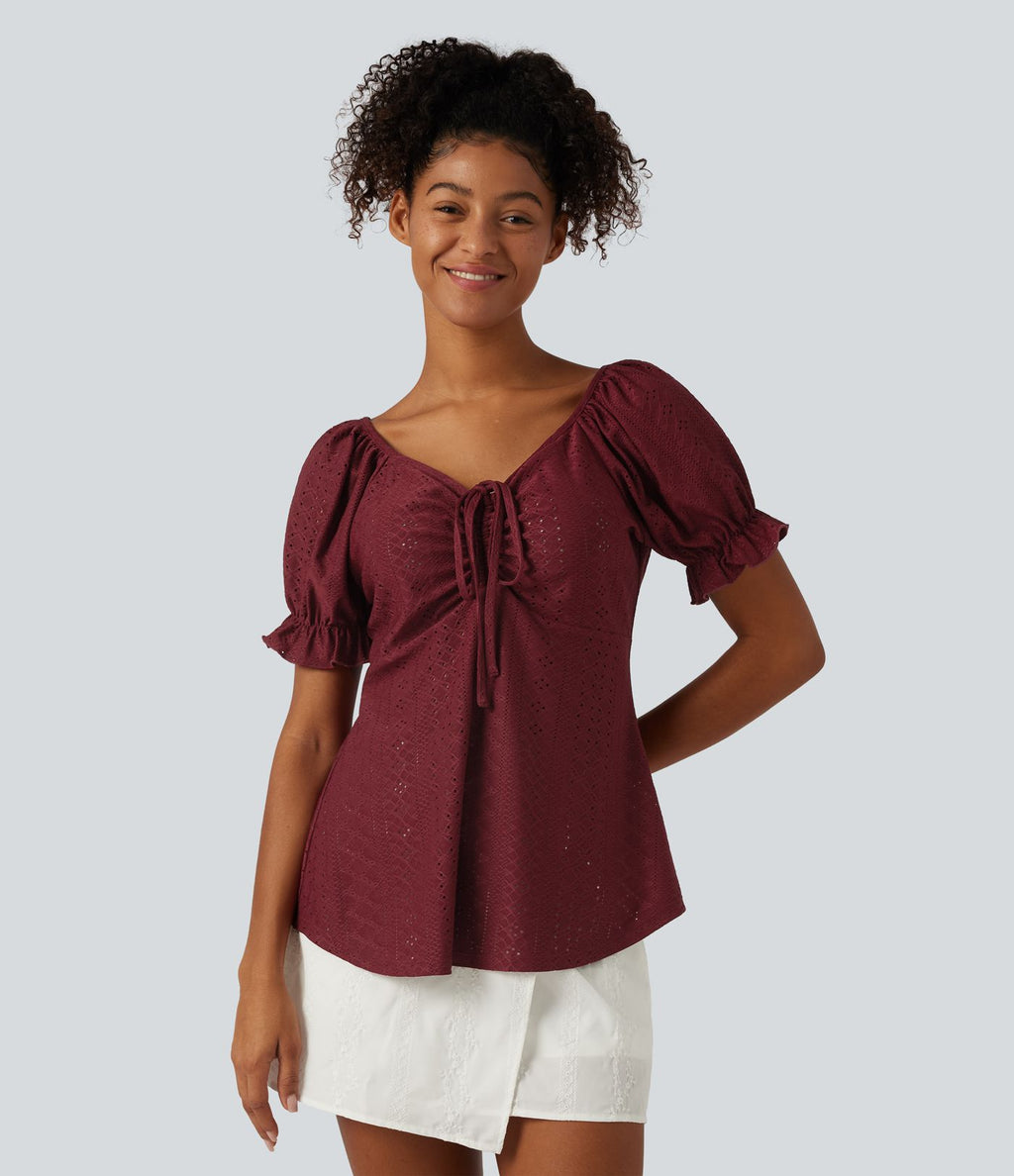 Blouse décontractée col V manches courtes bouffantes lacée ajourée