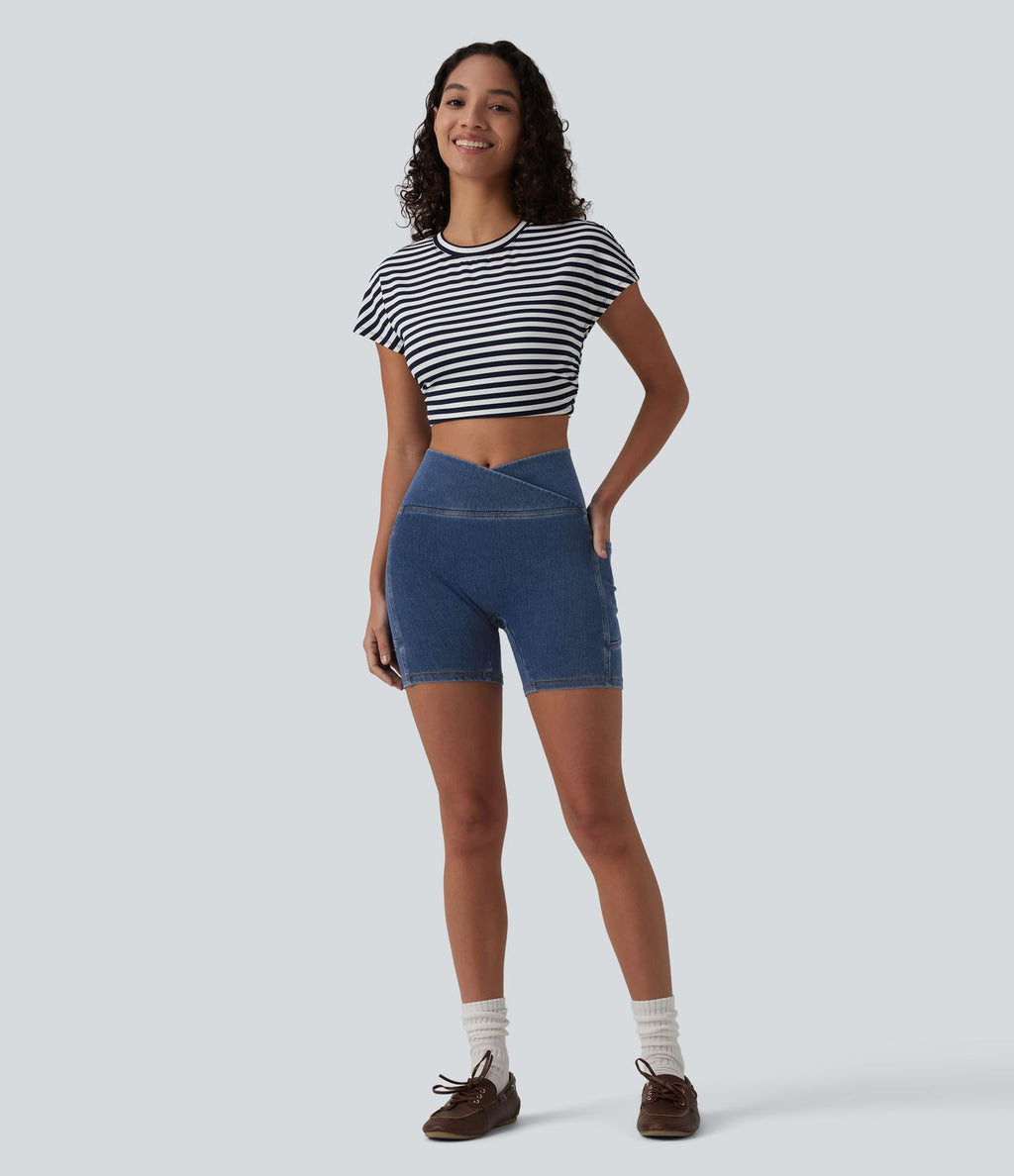 Short denim skinny décontracté Halara Flex™ croisé gainant taille haute 12,5 cm avec poches