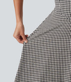 Robe midi fluide style vacances effet lin à motif tartan, encolure carrée, dos nu croisé et corset