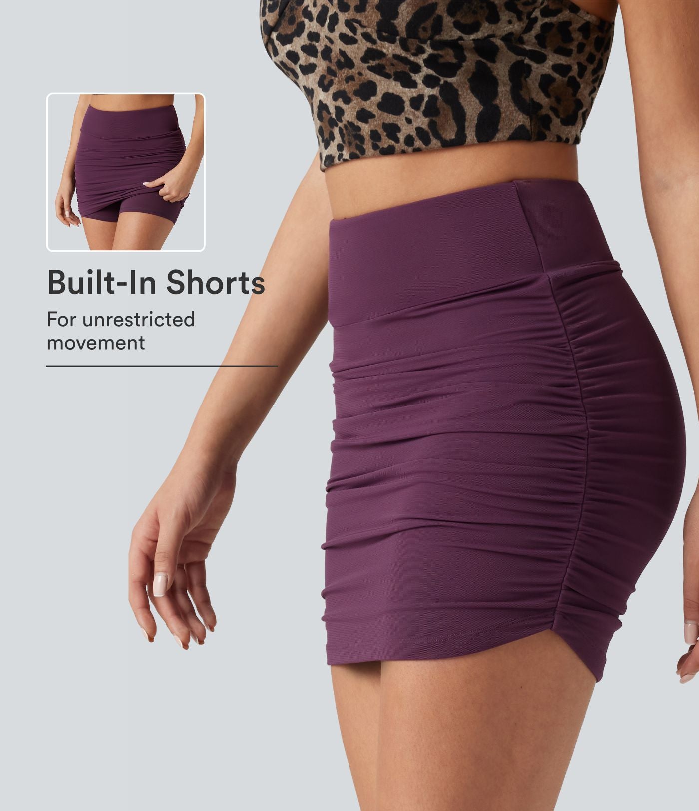 Jupe mini moulante 2-en-1 taille haute superposition en mesh froncée ourlet arrondi pour soirée