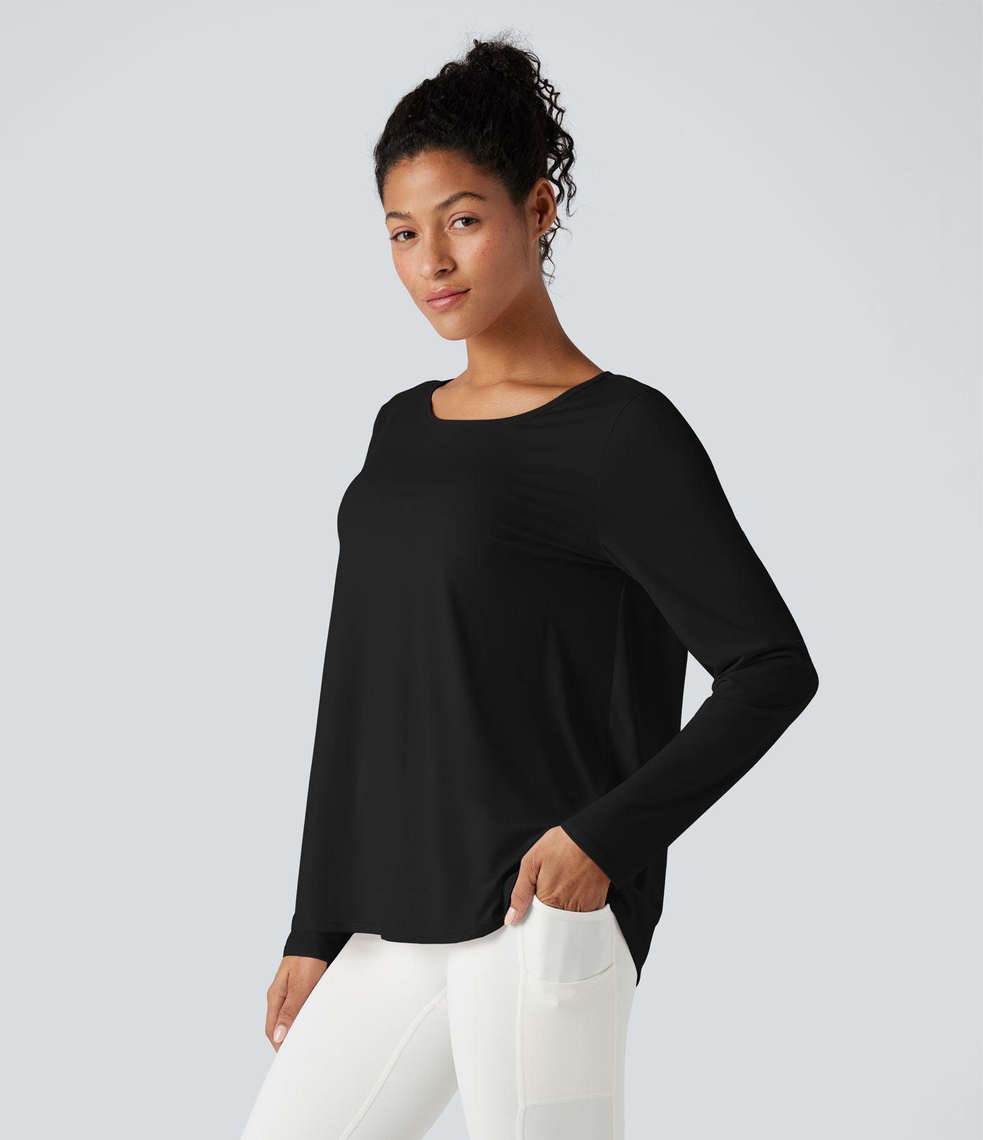 Top de sport yoga décontracté col échancré manches longues fendu