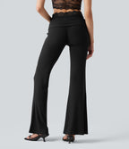 Pantalon décontracté évasé à taille mi-haute en maille côtelée extensible avec poches