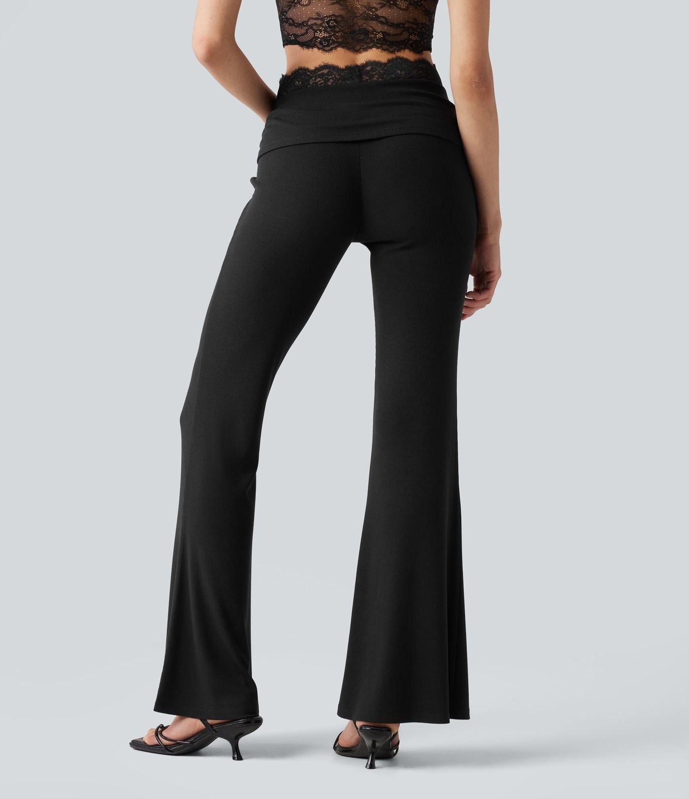 Pantalon décontracté évasé à taille mi-haute en maille côtelée extensible avec poches