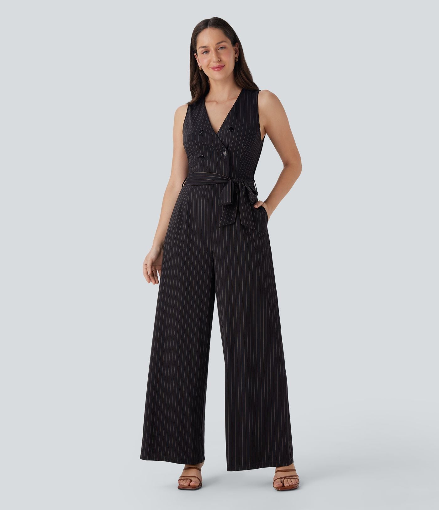 Combinaison tailleur sans manches à col V, ceinturée, avec zip invisible, rayures et effet frais avec poches, accès facile Easy Peasy