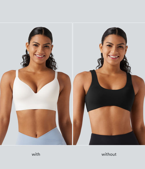Brassière yoga SoftlyZero™ maintien léger à décolleté V plongeant, coussinets fixes, push-up, protection solaire UPF 50+