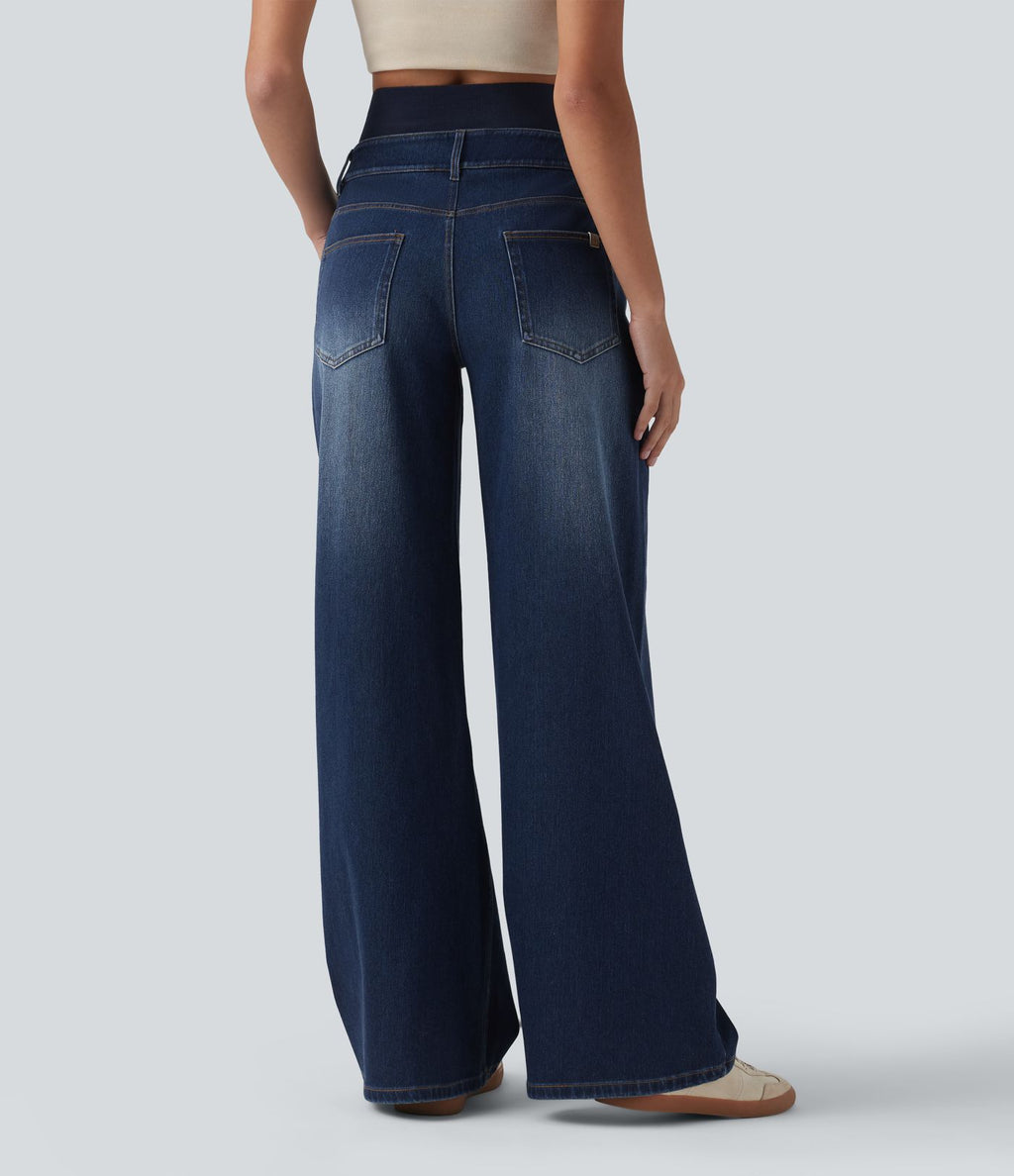 Jean large délavé Halara Flex™ taille haute gainant avec poches