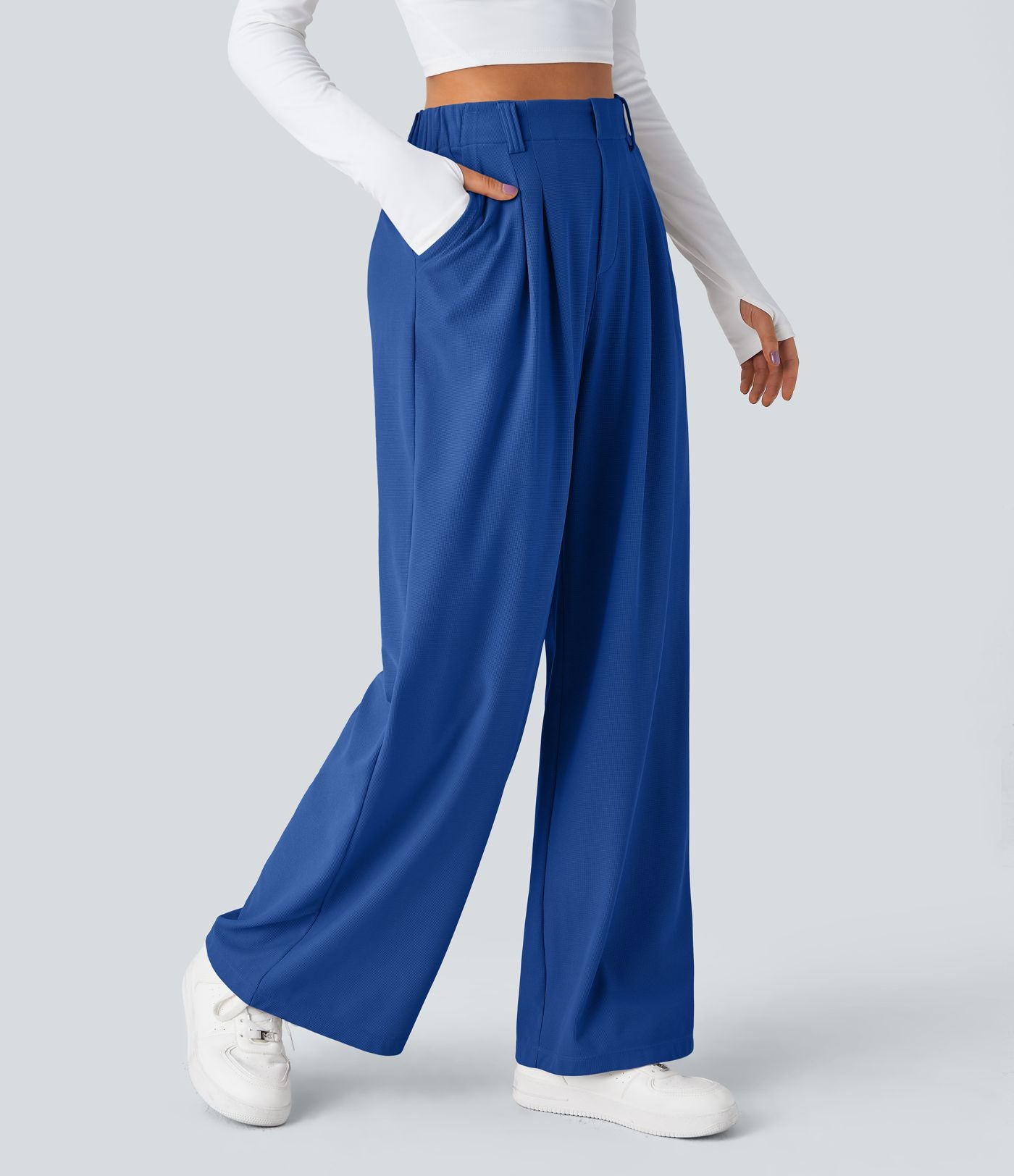 Pantalon Tailleur Large Fluide Halara Flex™ Gaufré Taille Haute Poches Latérales