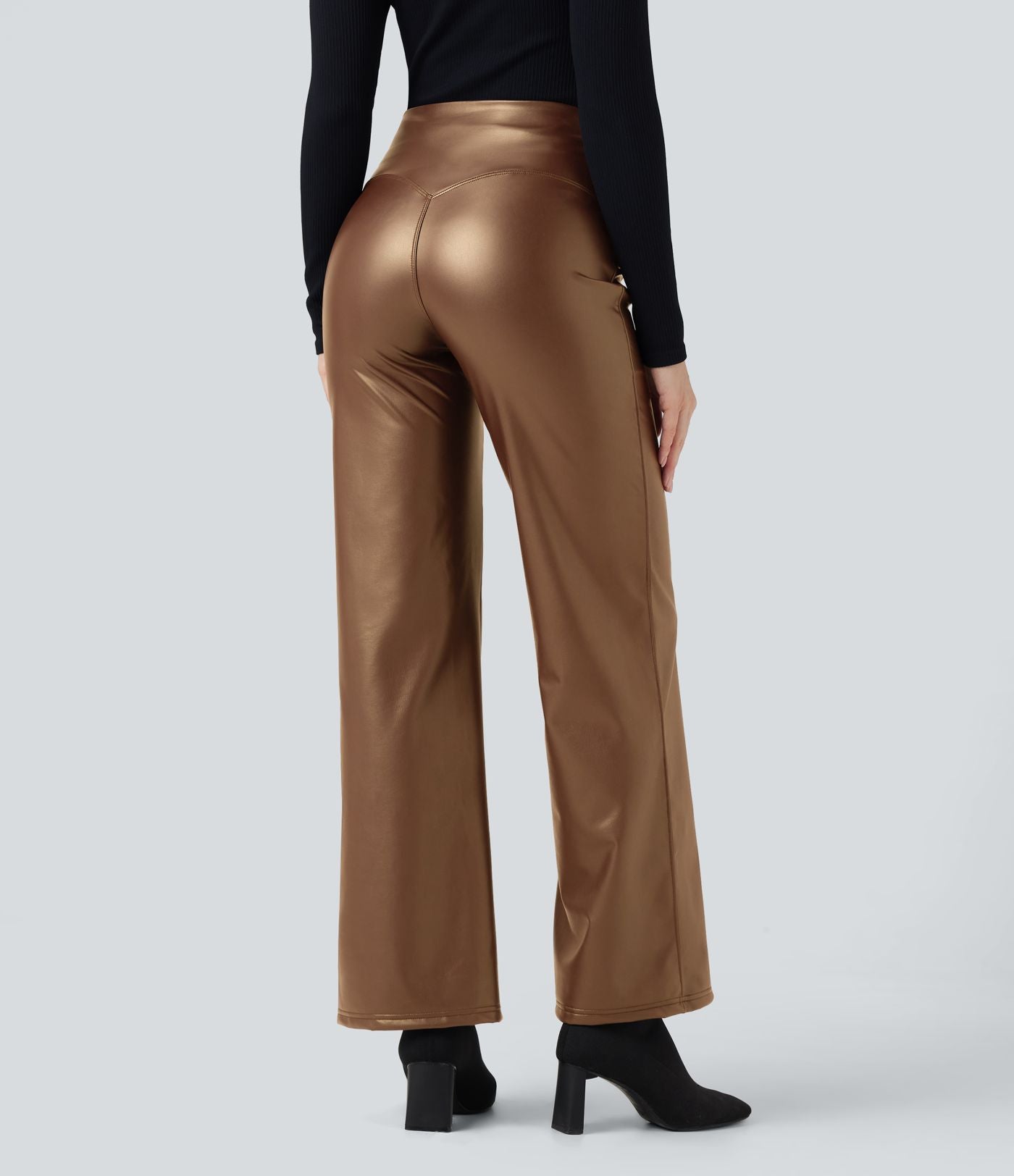 Pantalon similicuir évasé gainant taille haute stretch avec poches