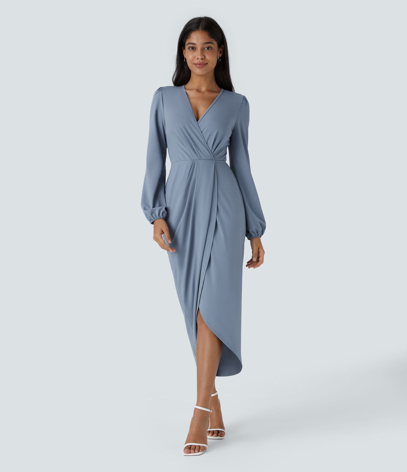 Robe de Soirée Mi-longue à Col V, Manches Longues, Plis et Ourlet Tulipe