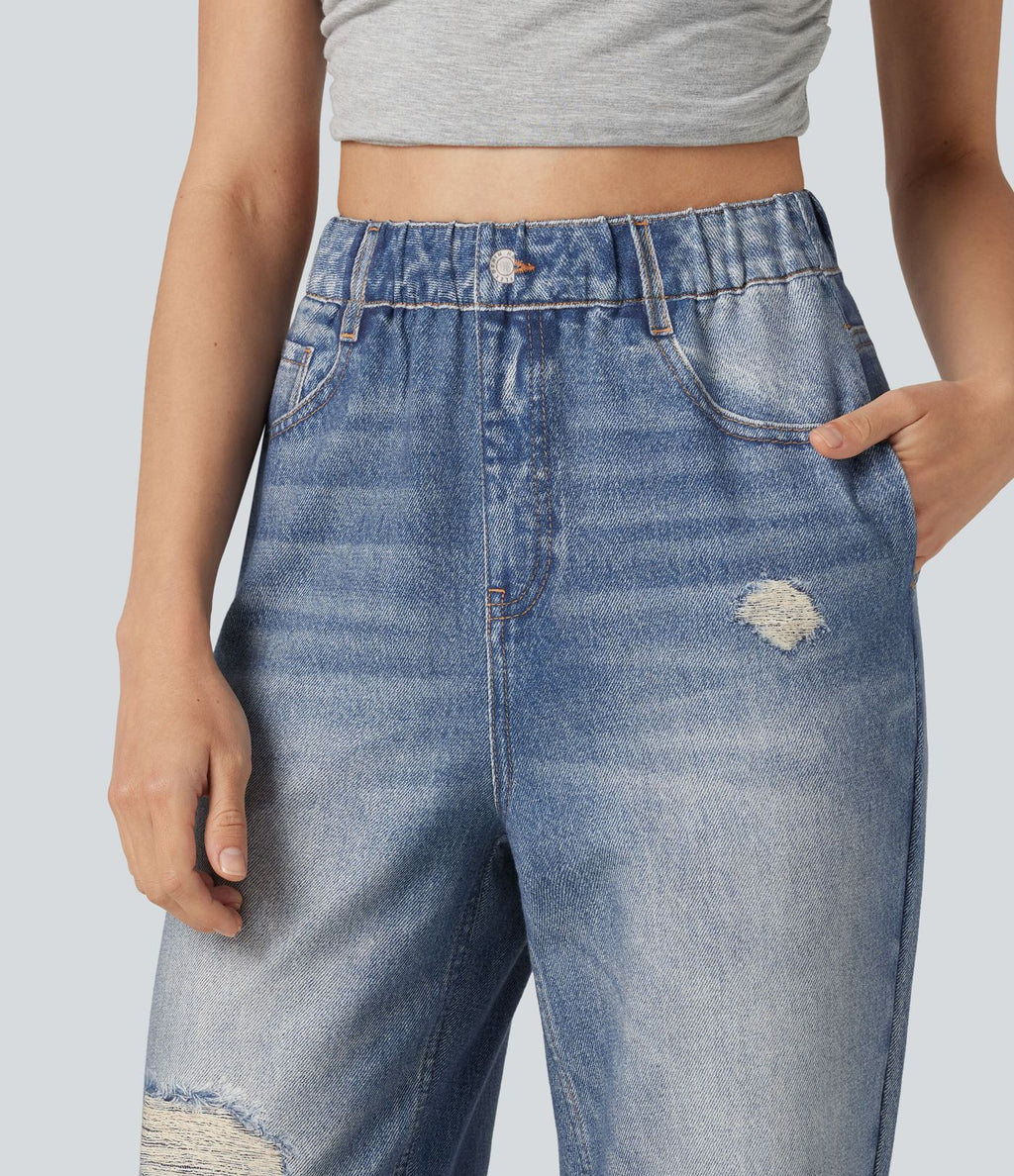 Pantalon de jogging taille haute en molleton French Terry imprimé jean avec poches