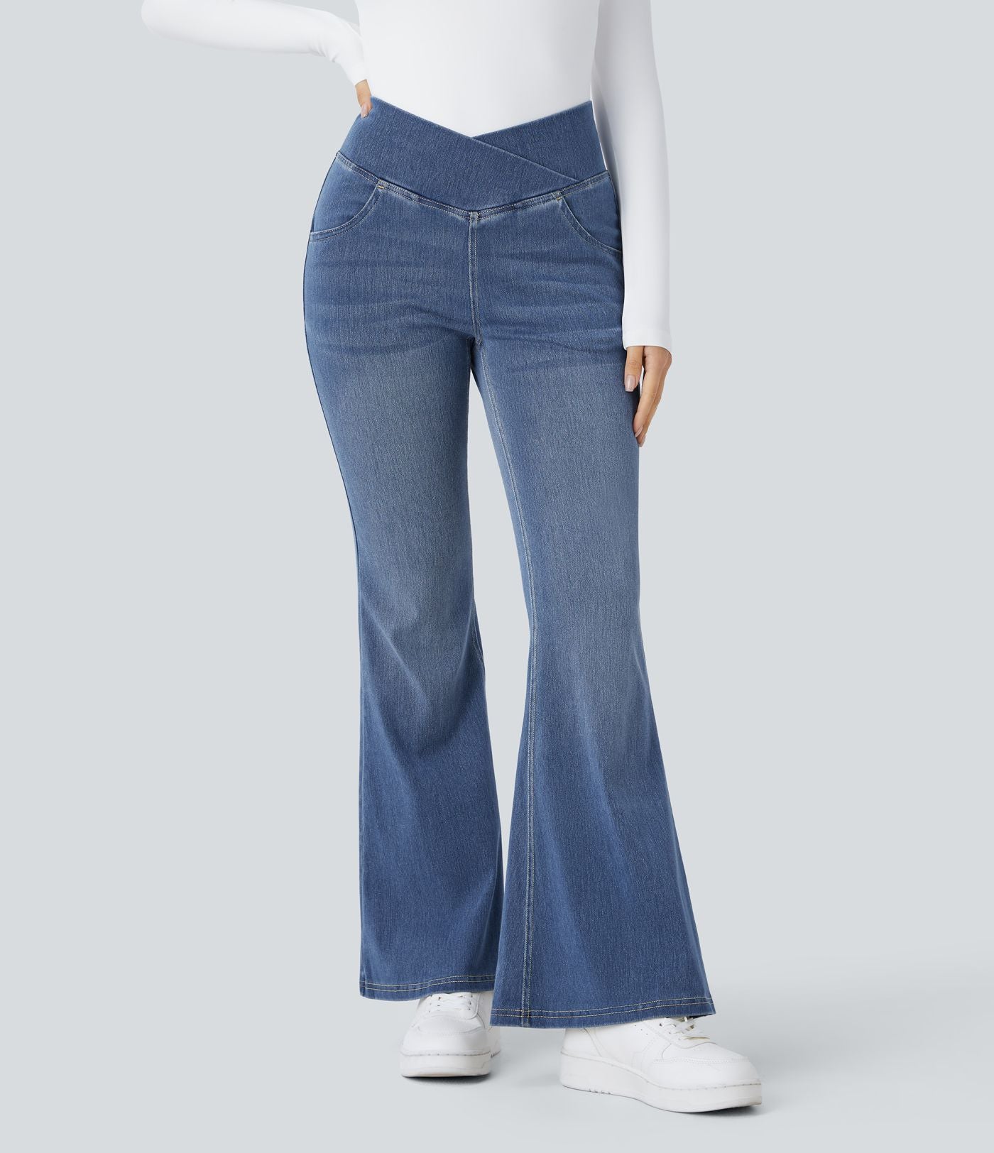 Halara Flex™ Jean Évasé à Taille Haute avec Poche Crossover Tissu Élastique Lavé