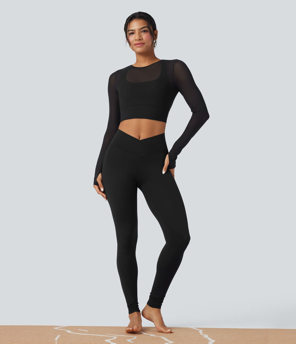 Haut de sport yoga cropped 2-en-1 manches longues mesh contrastant à trous pouces