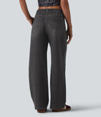 Jogging jean décontracté en molleton French Terry imprimé denim taille mi-haute avec poches