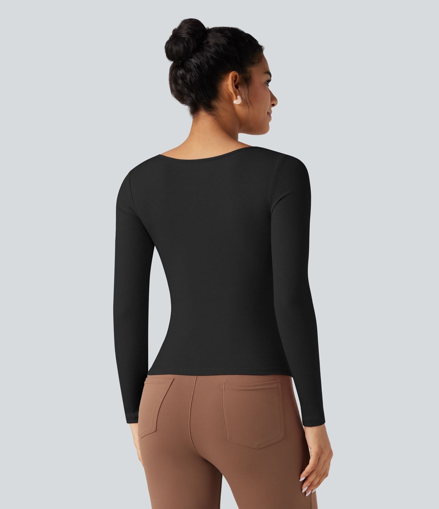 T-shirt tailleur côtelé col carré froncé manches longues