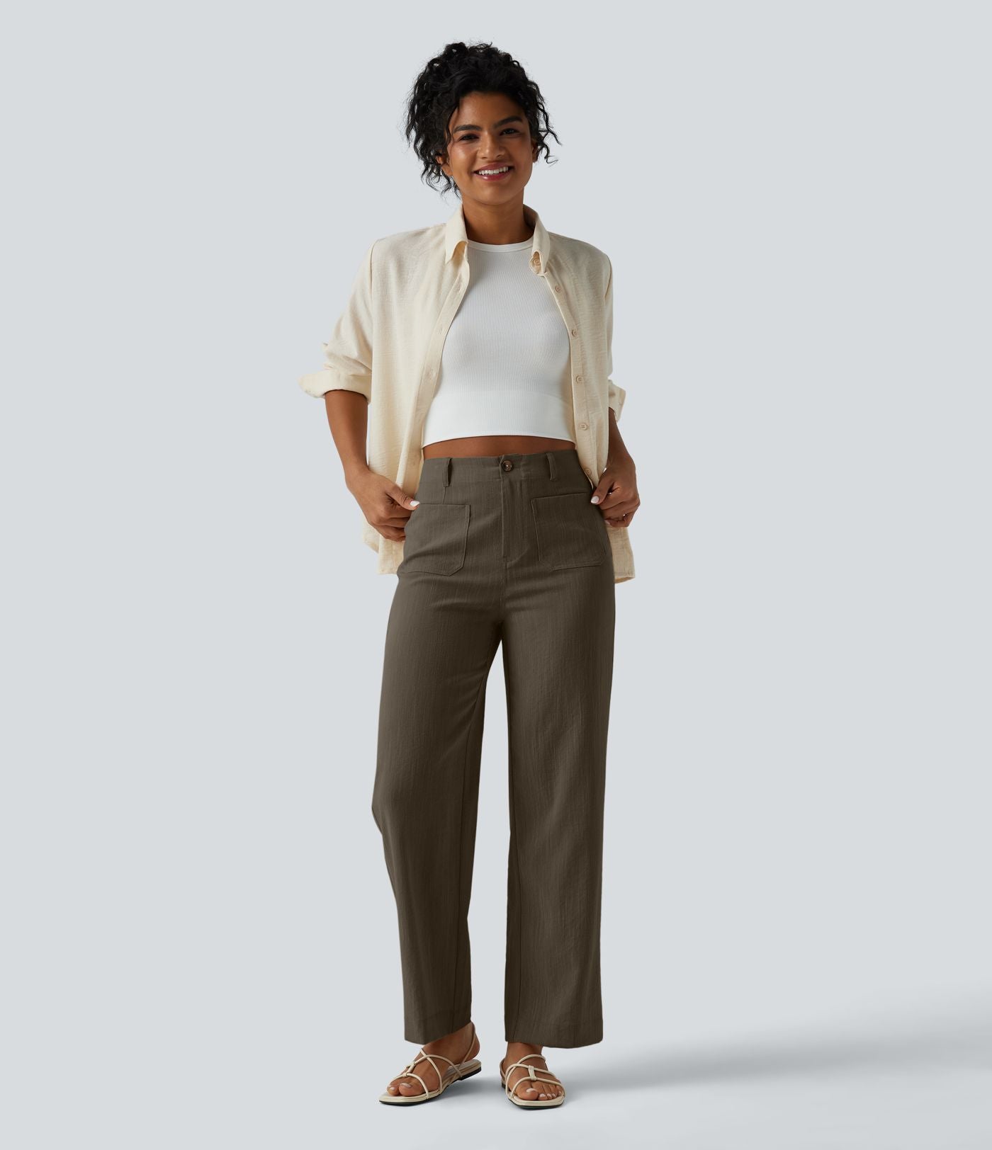 Pantalon taille haute coupe droite effet lin avec poches