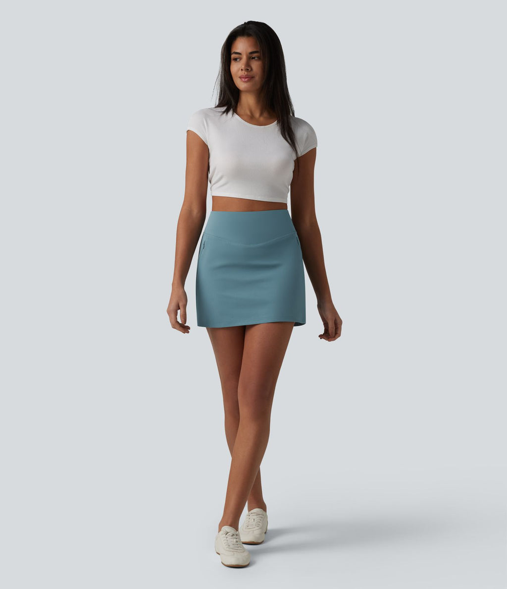 Jupe mini casual 2-en-1 trapèze taille haute en popeline extensible avec poches