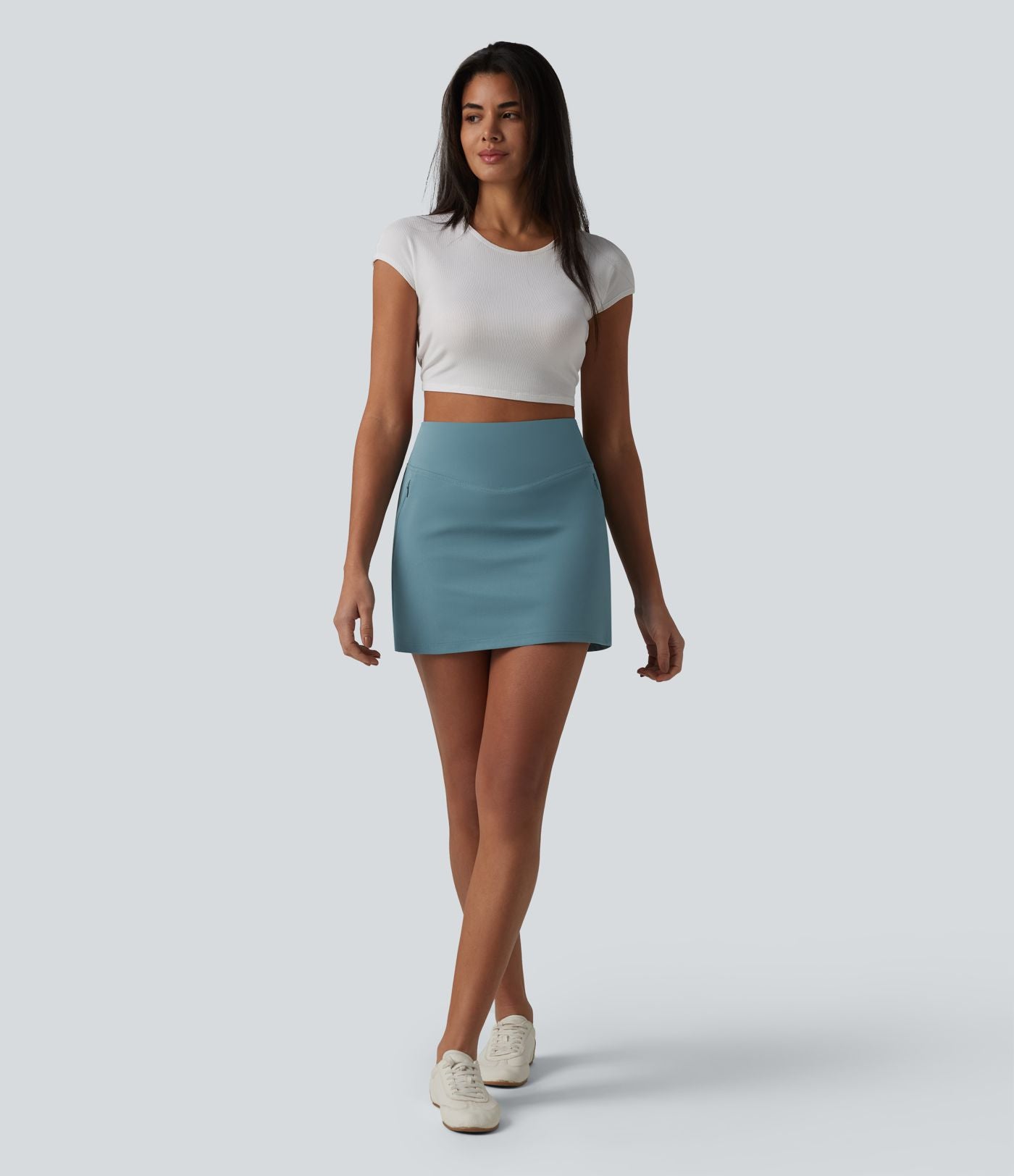 Jupe mini casual 2-en-1 trapèze taille haute en popeline extensible avec poches
