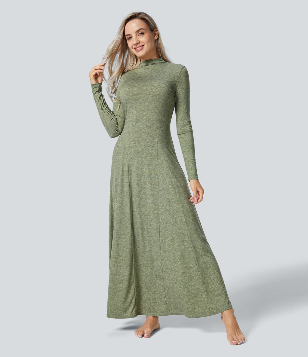 Robe Casual Maxi à Col Montant Manches Longues Évasées
