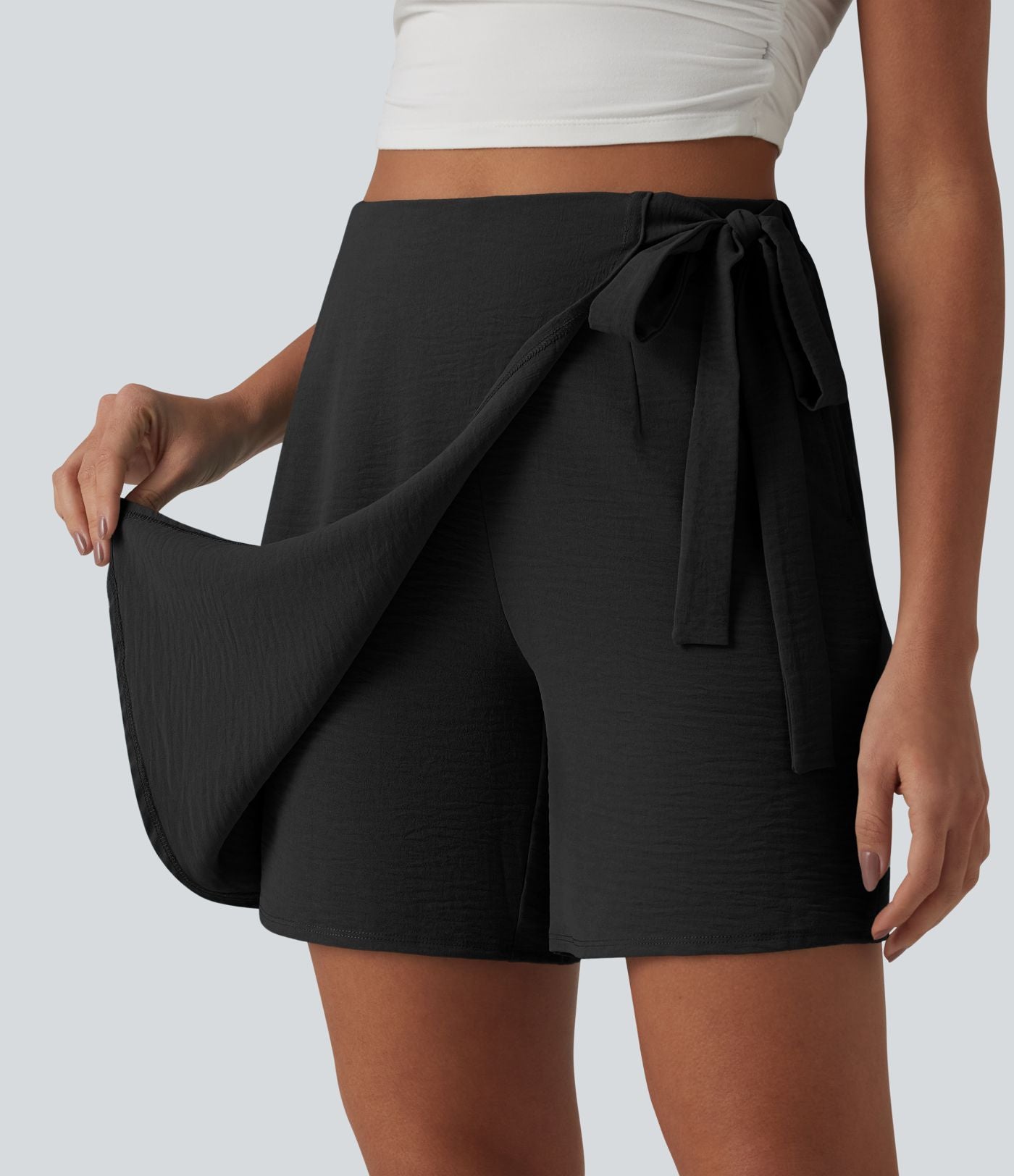 Jupe-short casual taille haute aspect lin avec lien noué sur le côté