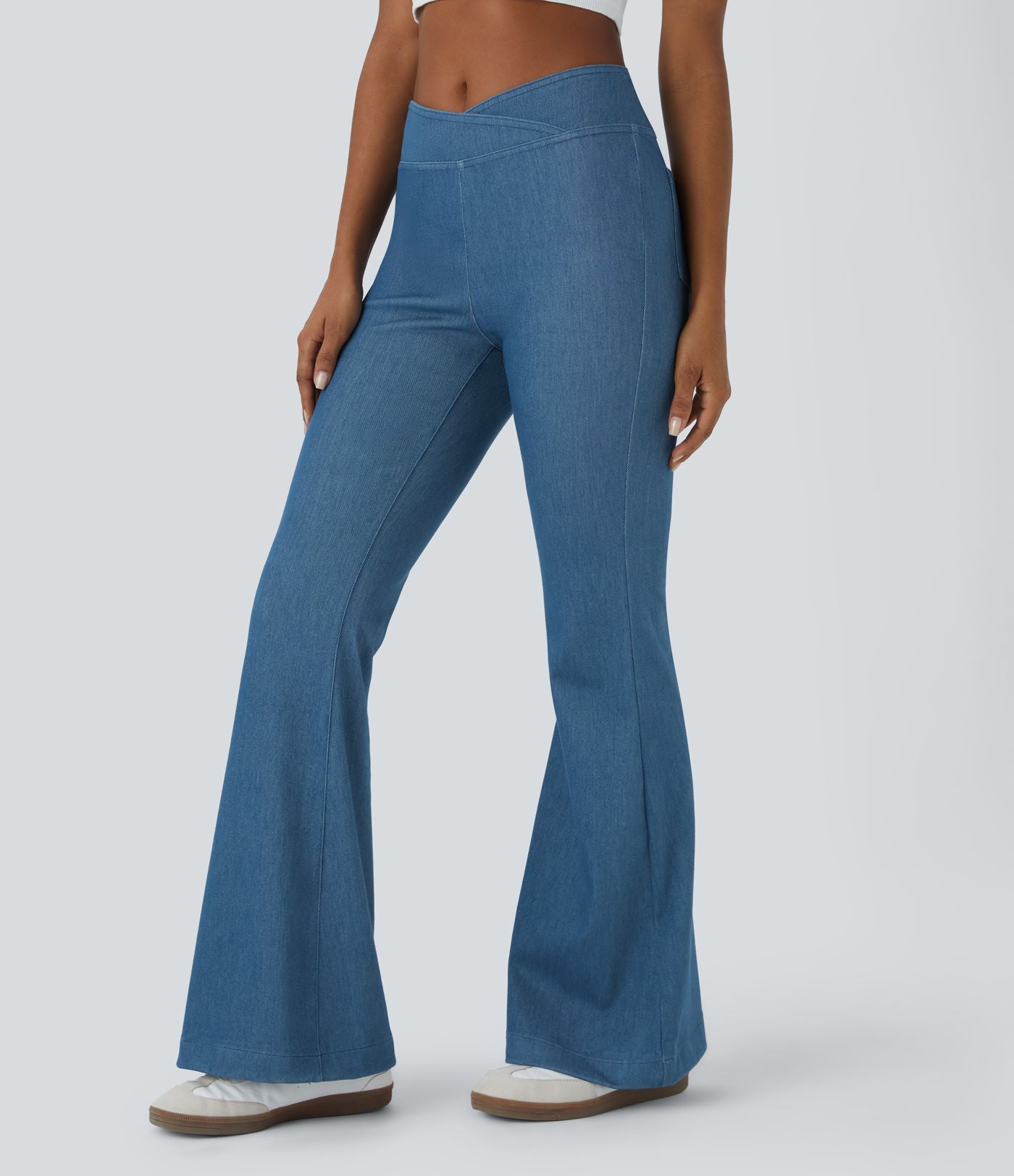Halara Flex™ Jean Évasé Casual en Tricot Stretch Taille Haute avec Dos Croisé et Poches