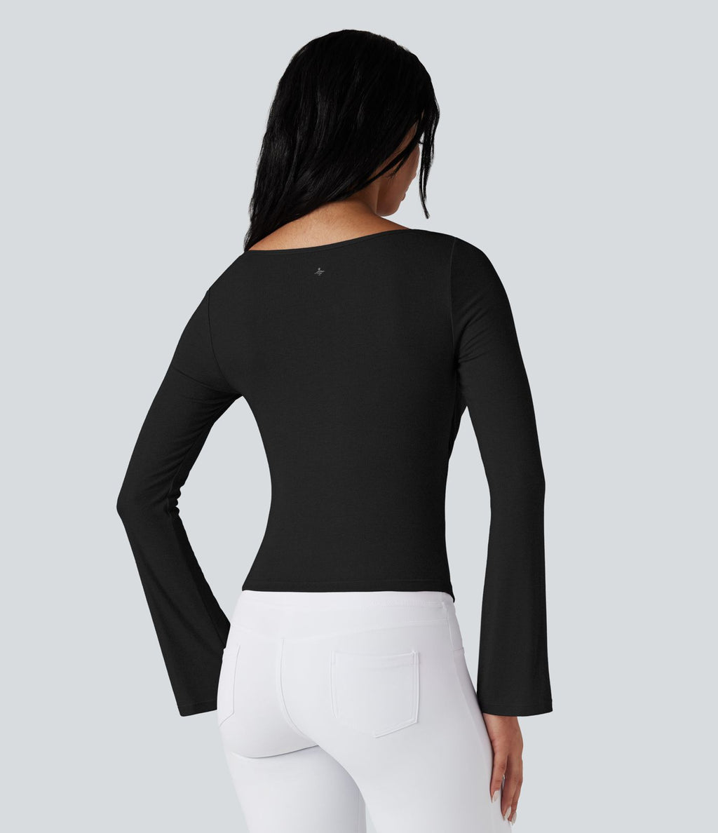 Top de sport danse côtelé col bénitier manches longues