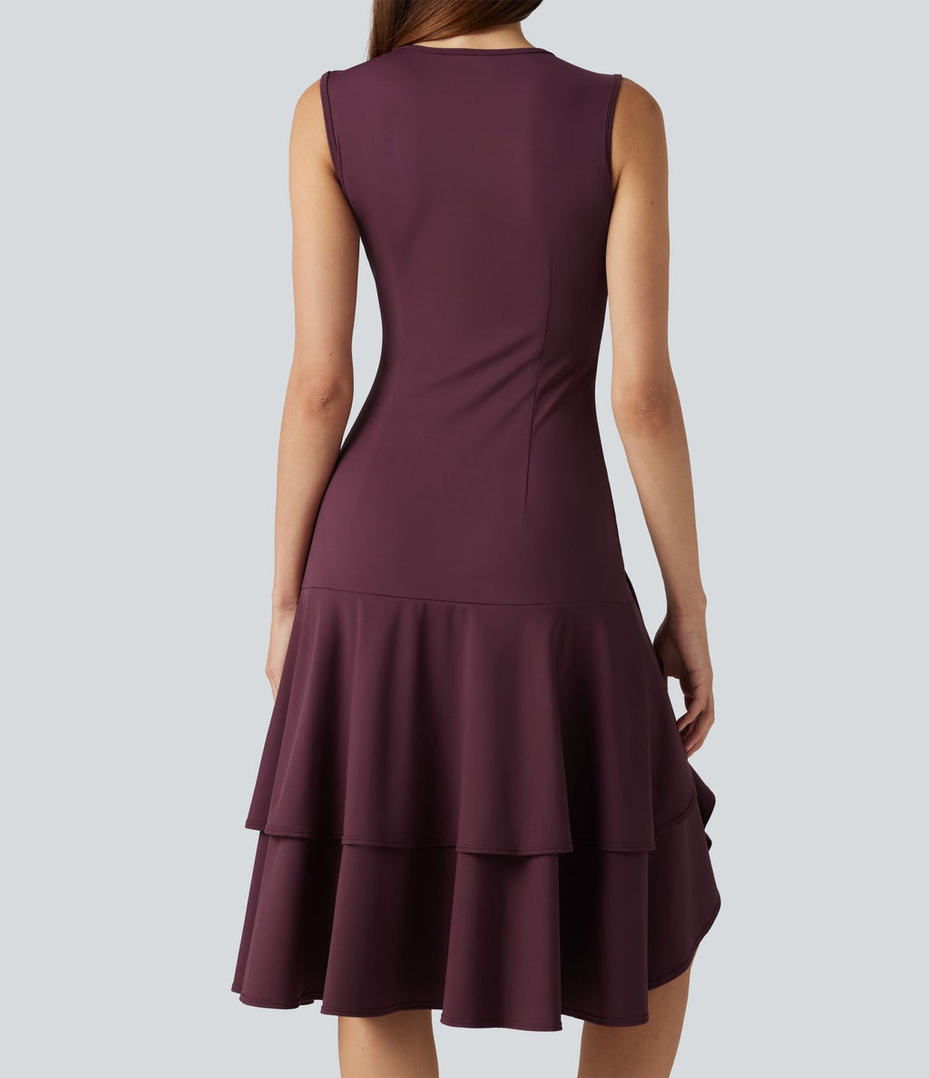 Robe midi décontractée SoftlyZero™ Airy col rond, sans manches, ourlet à volants étagés, à effet frais InstantCool