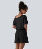 Combishort casual asymétrique manches courtes plissé en nid d'abeille avec poches - Édition Easy Peasy