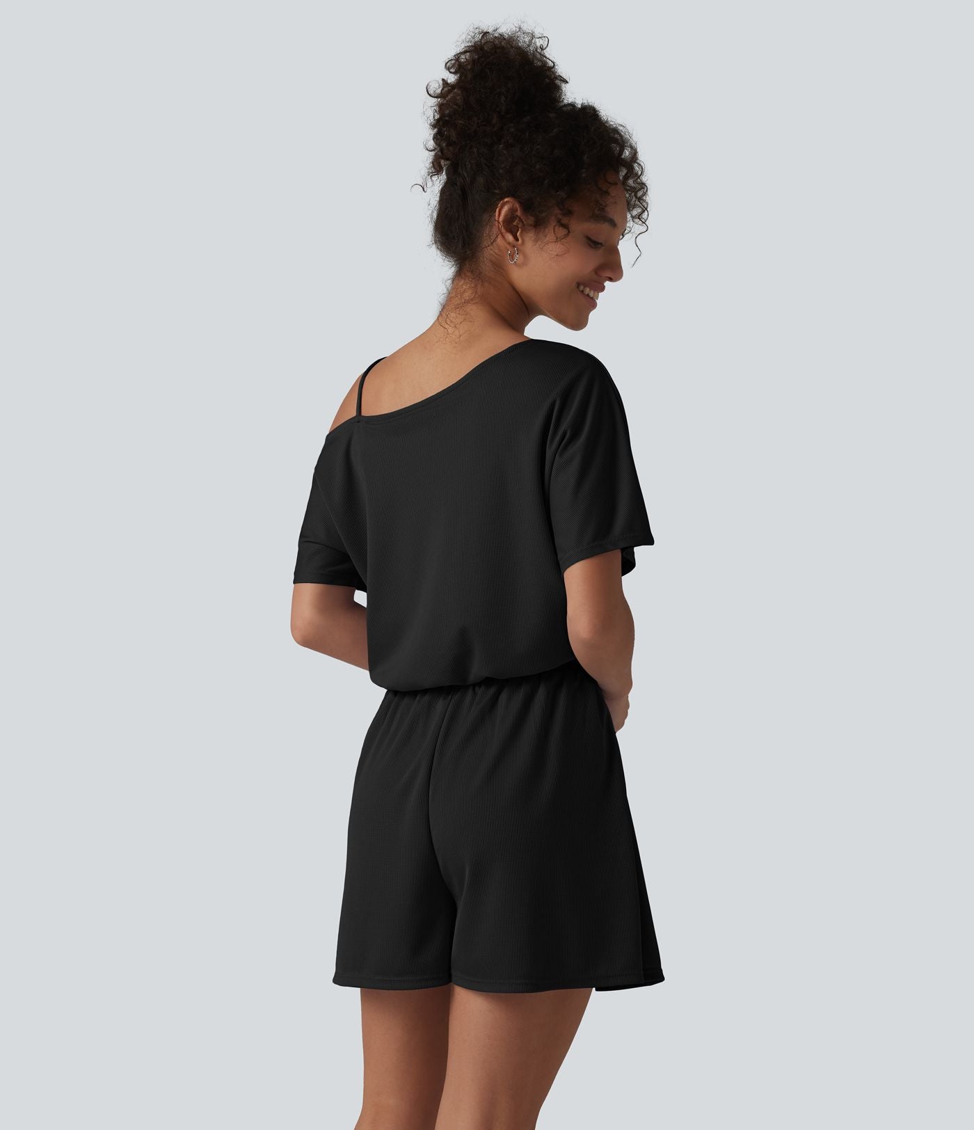 Combishort casual asymétrique manches courtes plissé en nid d'abeille avec poches - Édition Easy Peasy