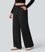 Pantalon large côtelé taille basse pliable avec cordon de serrage et poches