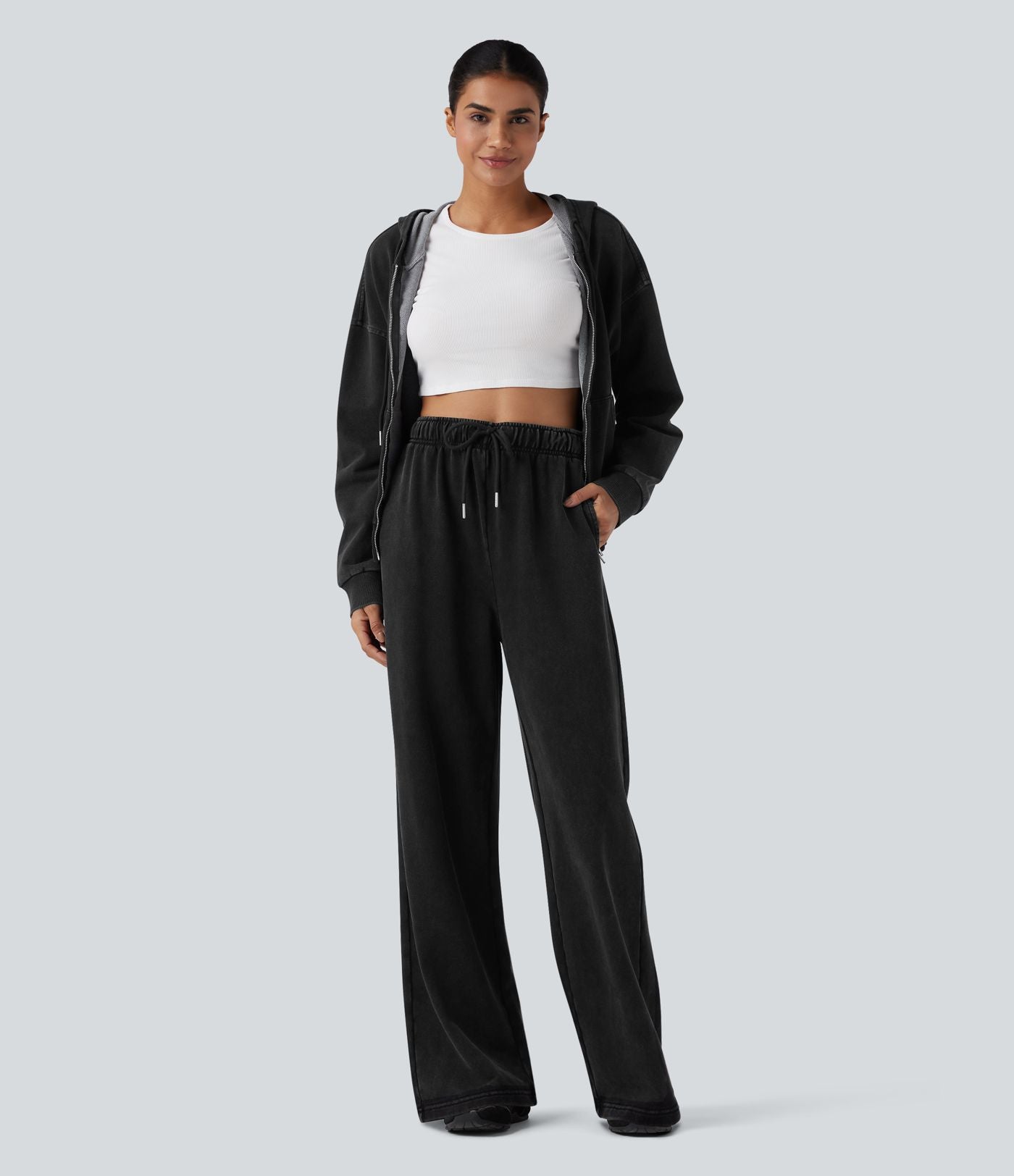 Pantalon jogging en coton molleton français délavé taille haute avec cordon de serrage et poches
