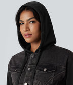 Veste en jean patchwork à capuche avec cordon de serrage et manches longues Halara Flex™