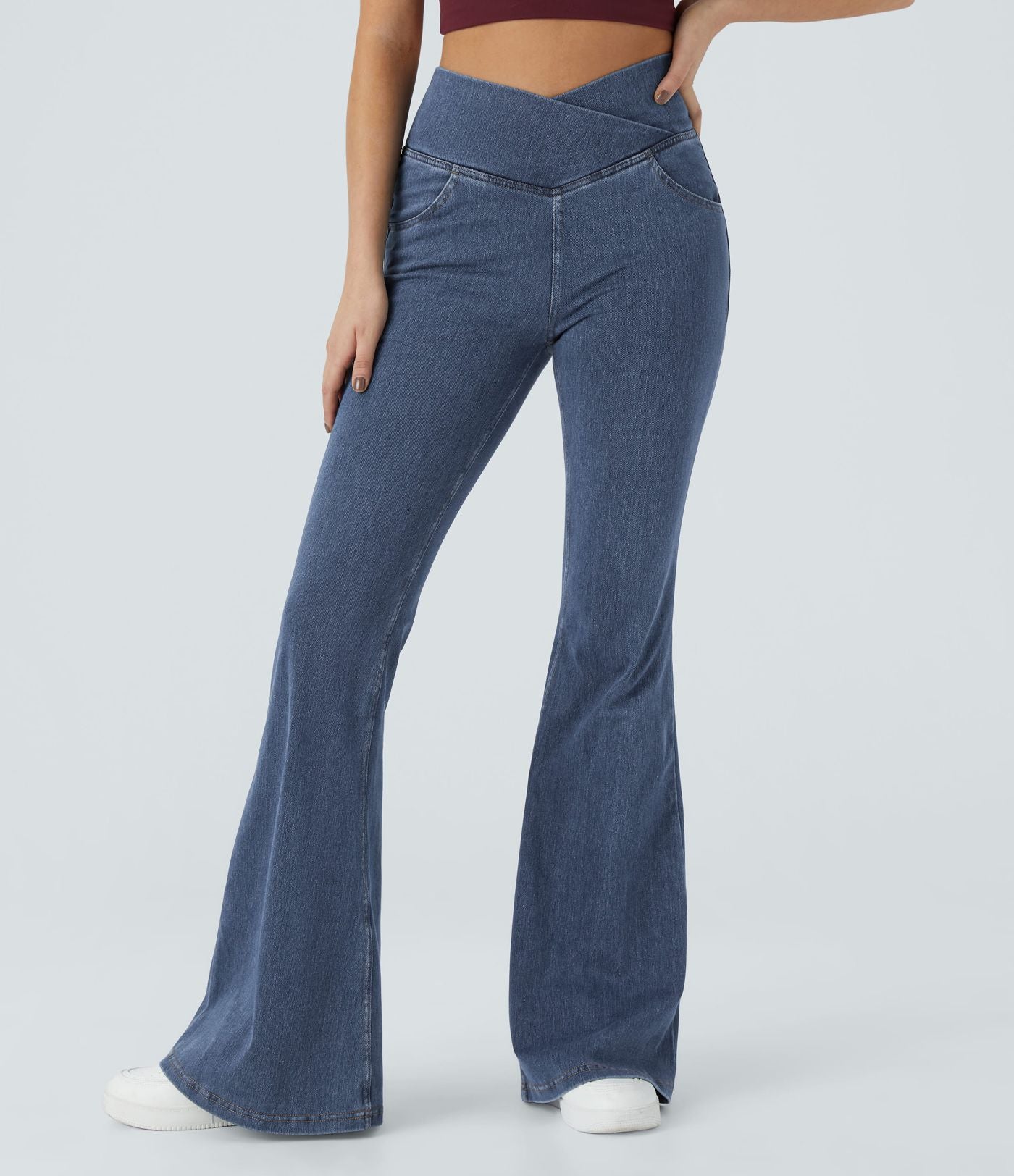 Halara Flex™ - Jean Ultra Evasé Tricot Extensible Lavé Poches Croisées Taille Haute
