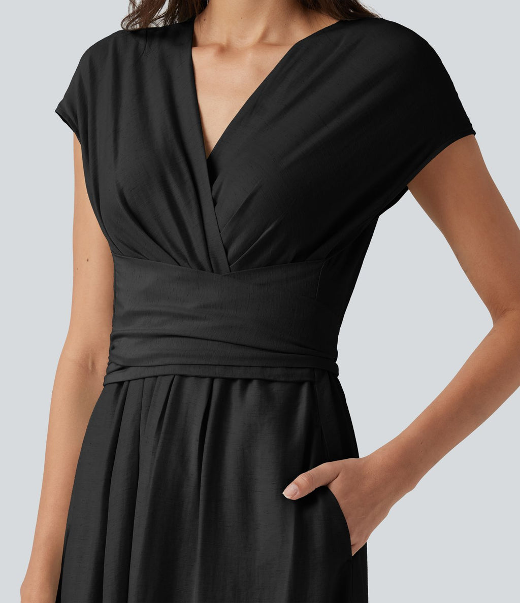 Robe midi casual fluide en mélange de lin col V à manches courtes avec dos noué et poches