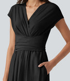 Robe midi casual fluide en mélange de lin col V à manches courtes avec dos noué et poches