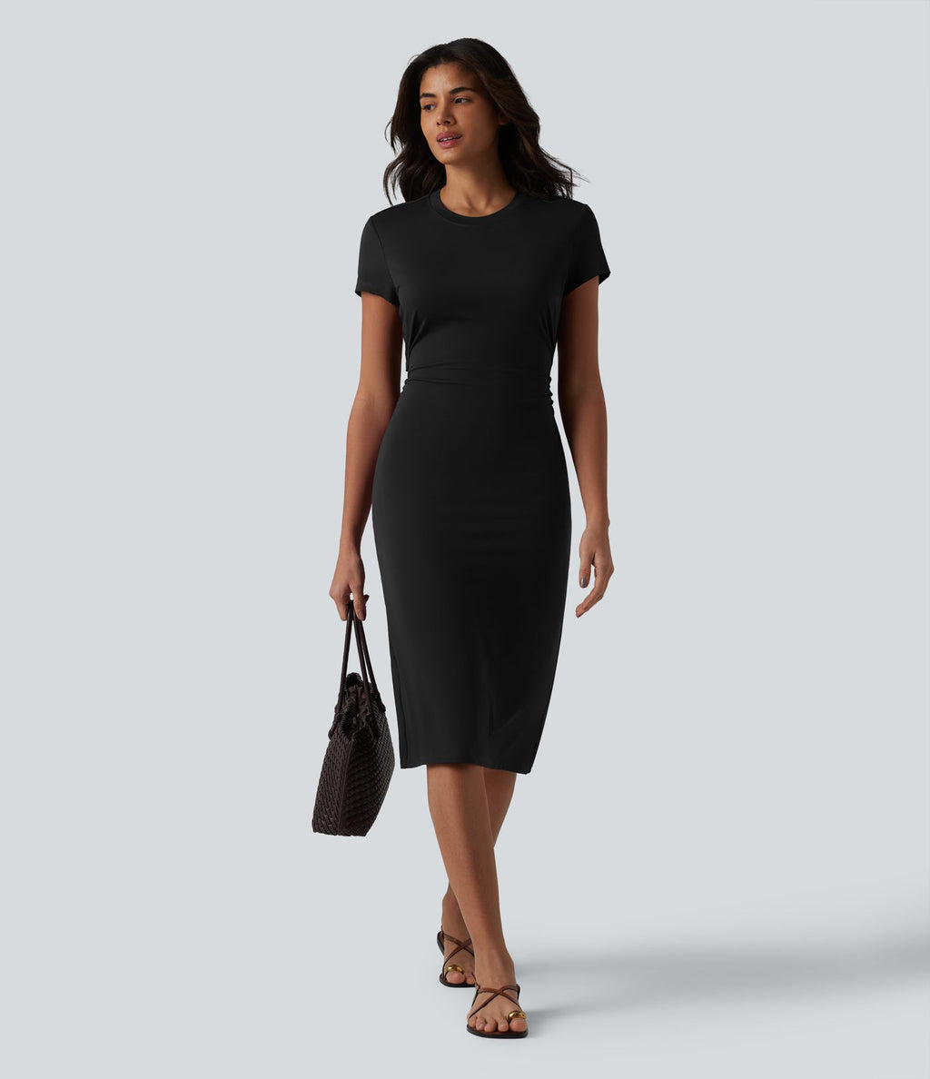 Robe casual mi-longue col rond à manches courtes avec découpe