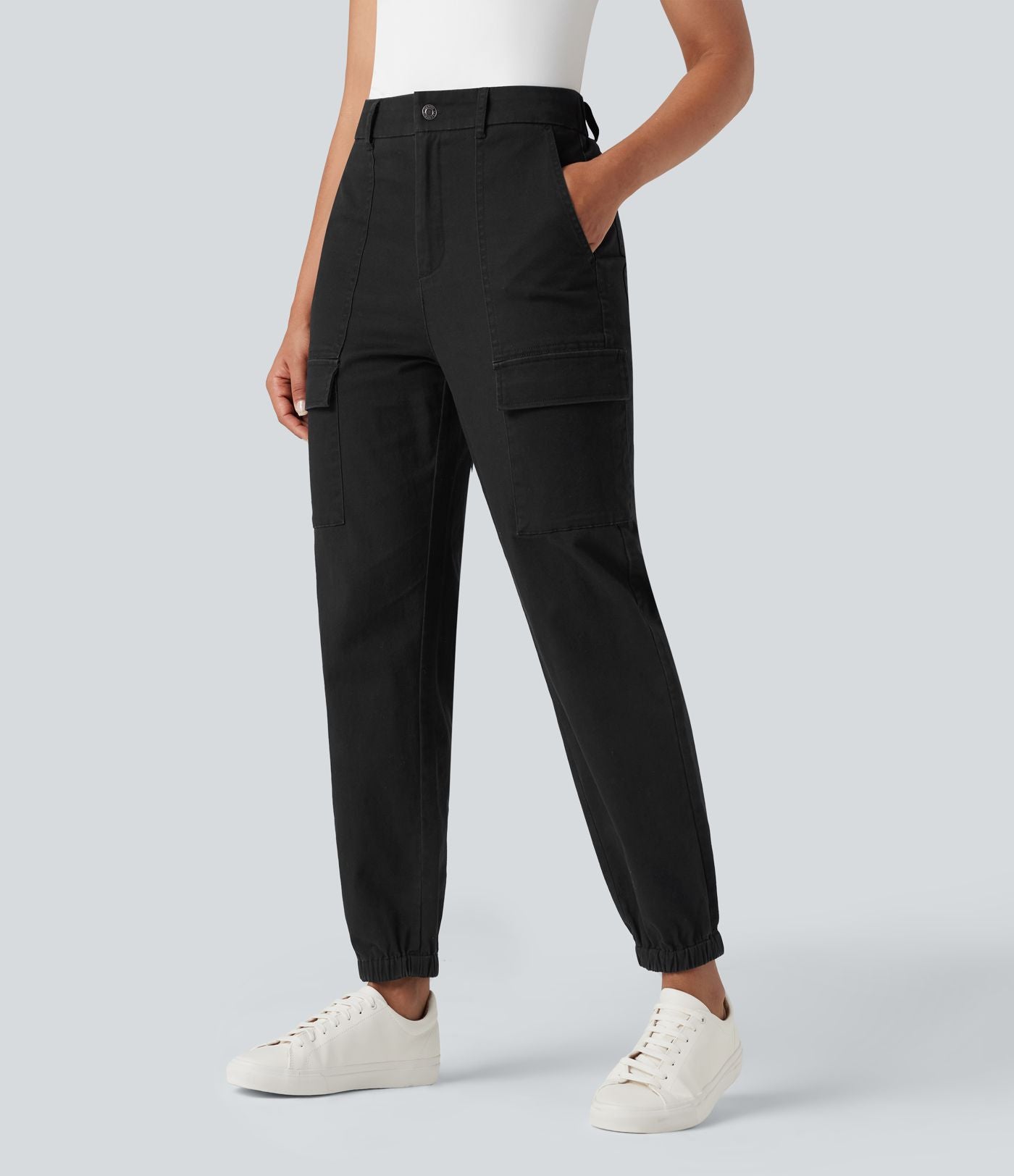 Jogging cargo chino coton taille haute avec poches