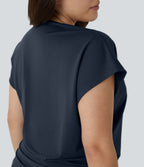 Blouse Travail Unie Froncée Croisée Manches Courtes Col en V Grande Taille