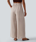 Pantalon fluide ample décontracté taille haute avec poches
